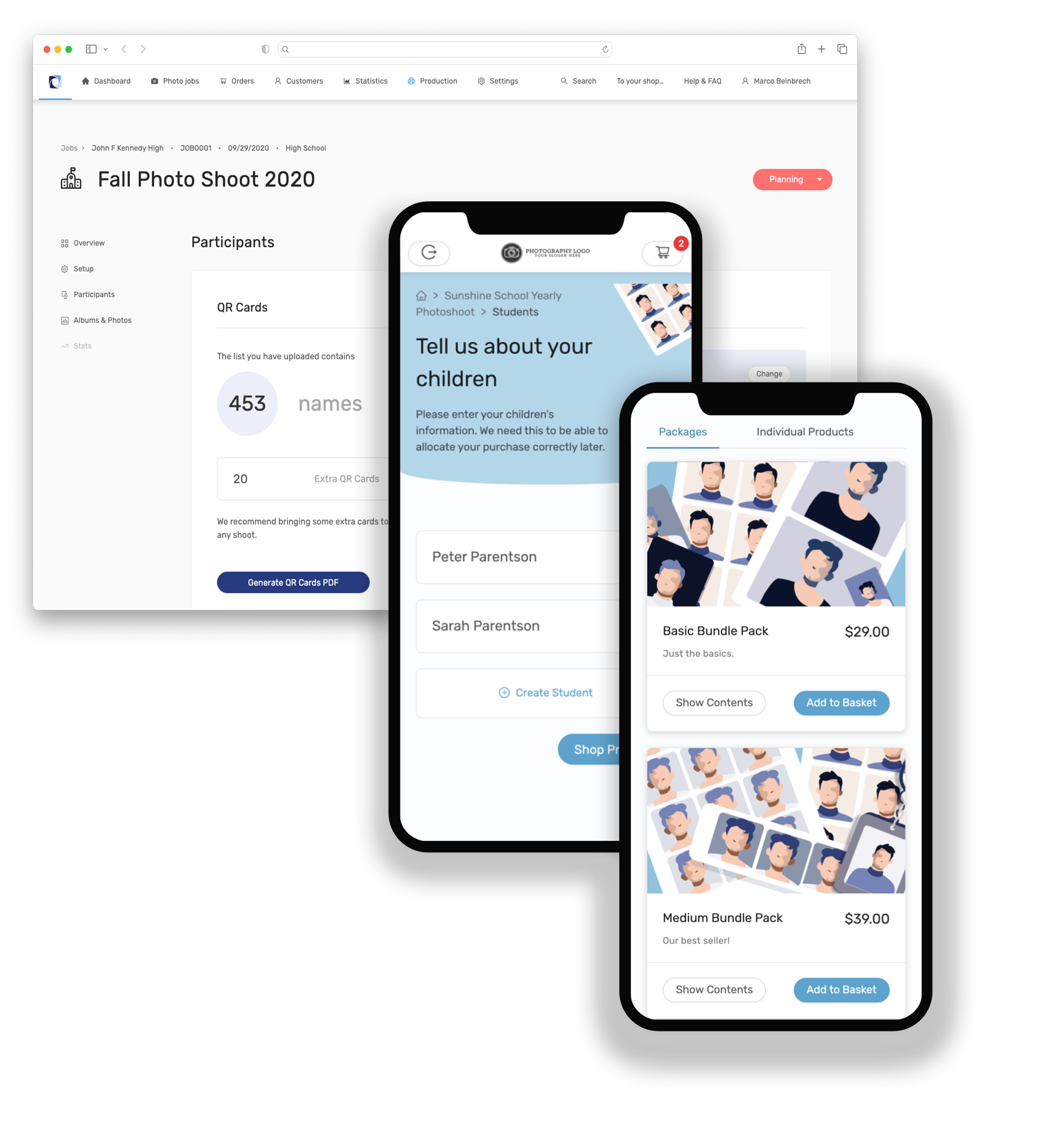 GotPhoto's administration UI on desktop and webshop on mobile phones